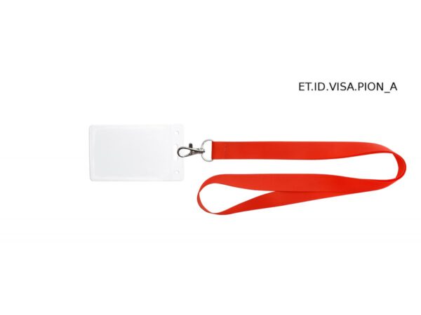 Porta badge in PVC VISA con lanyard rosso, soluzione professionale e resistente per eventi e uffici, disponibile da AMGS Group.