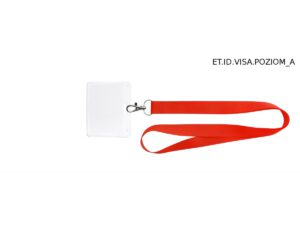 Porta badge in PVC VISA con cinturino rosso pratico, accessorio durevole per ID e carte d’accesso, proposto da AMGS Group.