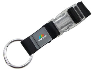 Gancio porta giacca nero con fibbia trasparente e anello metallico, ideale per eventi e fiere. Disponibile presso il tuo partner esperto in soluzioni promozionali.