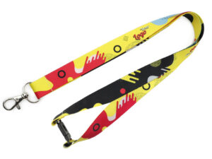 Lanyard decorato a colori vivaci con stampa su entrambi i lati, chiusura di sicurezza e moschettone in metallo, prodotto esclusivo di AMGS Group.
