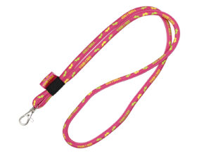 Accessorio promozionale: lanyard tubolare rosa con stampa sublimatica, pratico ed elegante, pensato per il marketing. Distribuito da AMGS Group.