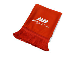 Sciarpa da tifoso double-face rosso-bianca con logo AMGS Group e frange lunghe.