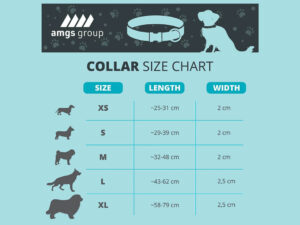 Tabella taglie per collari per cani personalizzati su misura che mostra le misure per le taglie da XS a XL.