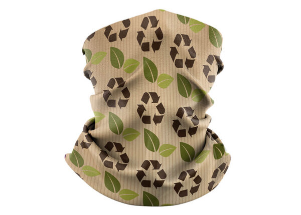 Scaldacollo riciclato stampato su misura con design ecologico – motivo a foglie beige e verdi.