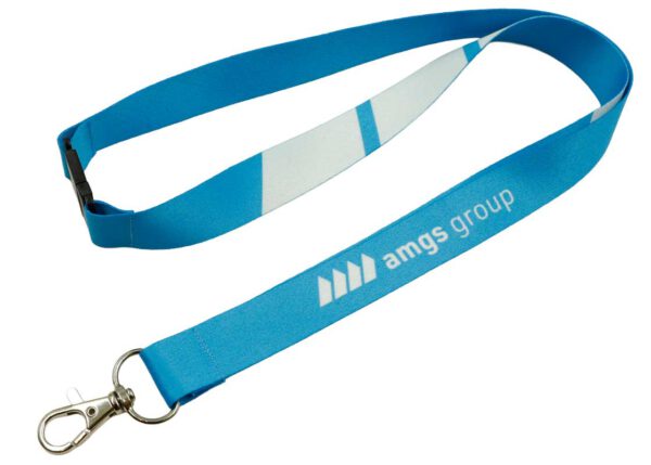 rPET lanyard with safety breakaway and blue print. From AMGS Group.