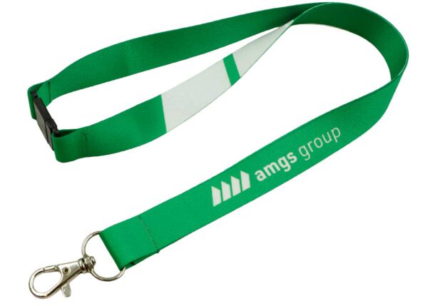 Eco-friendly rPET lanyard featuring a secure safety breakaway and vibrant green print. Available at AMGS Group.