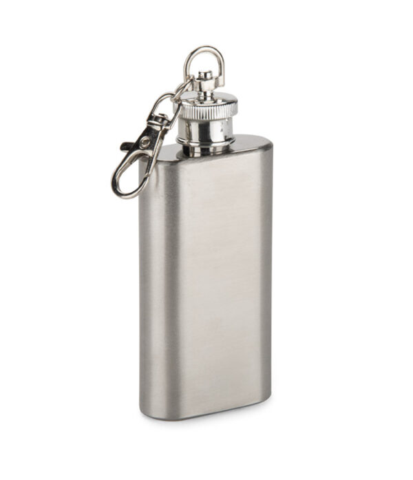 Mini fiaschetta FLASIK 50 ml in acciaio inox con portachiavi – regalo promozionale personalizzabile con incisione laser.